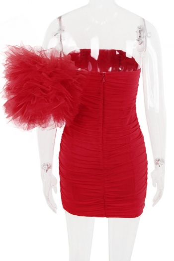 Sexy xs-l stretch mesh flower decor shirring one shoulder slim mini dress