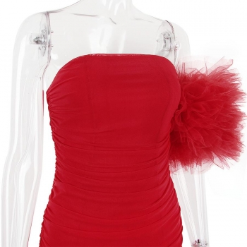 Sexy xs-l stretch mesh flower decor shirring one shoulder slim mini dress