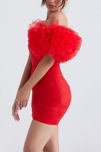 Sexy xs-l stretch mesh flower decor shirring one shoulder slim mini dress