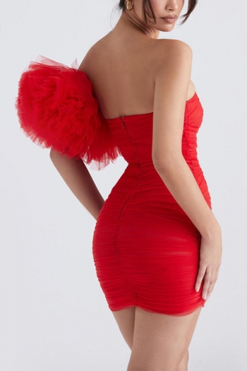 Sexy xs-l stretch mesh flower decor shirring one shoulder slim mini dress