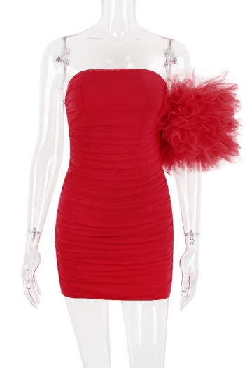 Sexy xs-l stretch mesh flower decor shirring one shoulder slim mini dress
