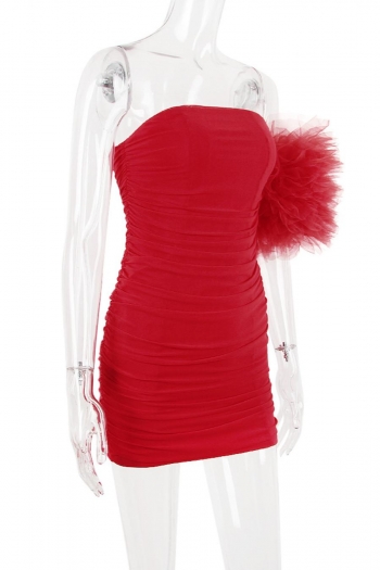 Sexy xs-l stretch mesh flower decor shirring one shoulder slim mini dress