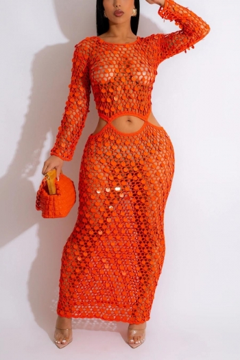 sexy plus size slight stretch 5 colors knitted hollow orange sequins maxi dress