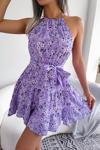 Casual non-stretch chiffon 3 colors floral batch printing mini dress with belt