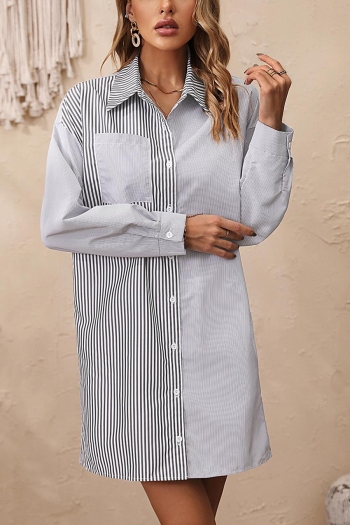 casual non stretch stripe print single breasted loose mini dress (without belt)