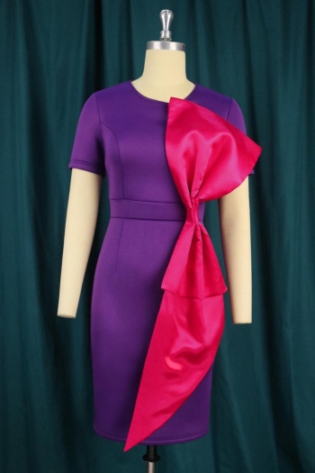 Sexy plus size slight stretch contrast color bow zip-up slit slim midi dress