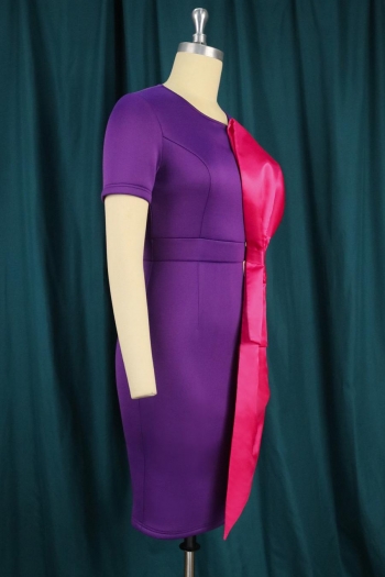 Sexy plus size slight stretch contrast color bow zip-up slit slim midi dress