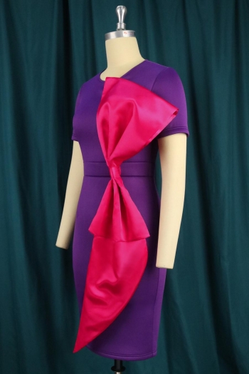 Sexy plus size slight stretch contrast color bow zip-up slit slim midi dress