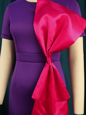 Sexy plus size slight stretch contrast color bow zip-up slit slim midi dress
