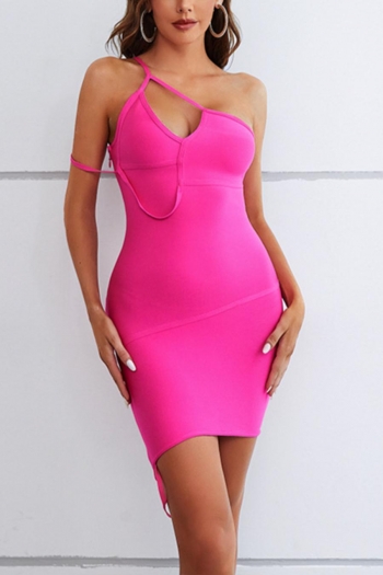 sexy high stretch solid color one shoulder hollow mini dress