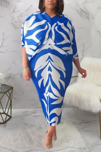 casual non-stretch dolman sleeve contrast color printing pleated midi dress
