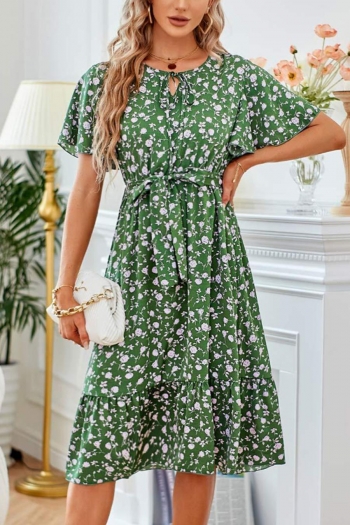 casual non-stretch ruffles floral batch printing belt short-sleeved midi dress