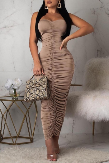 sexy solid color stretch shirring tube design slim maxi dress