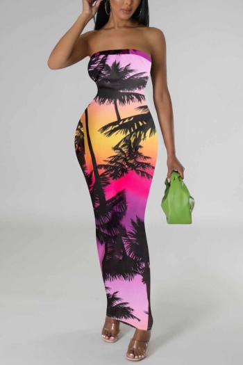 sexy plus size slight stretch strapless slim coconut tree printing maxi dress