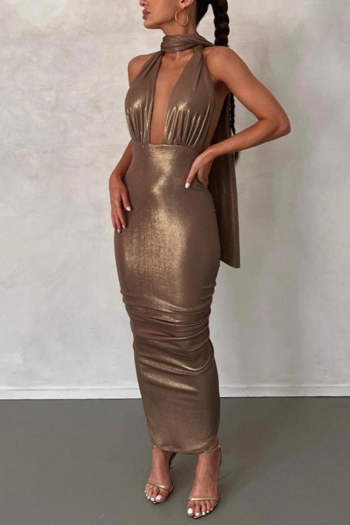 sexy slight stretch deep v backless high slit holographic fabric midi dress