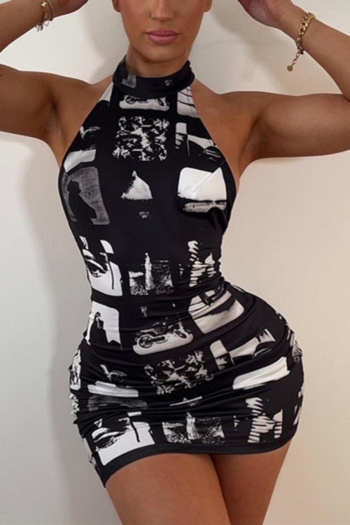 sexy stretch batch printing halter-neck backless bodycon mini dress
