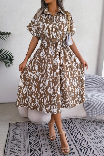 casual non-stretch leopard print single-breasted lapel midi dress(with belt)