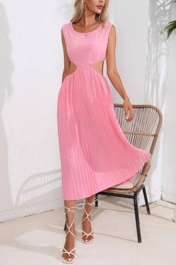 sexy slight stretch solid color hollow pleated sleeveless midi dress