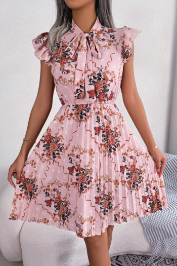 casual non-stretch floral batch printing ruffle lace-up midi dress