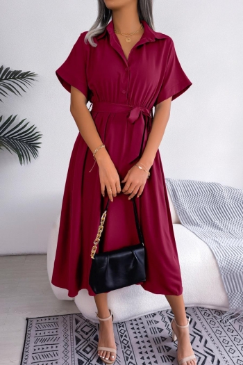 casual solid color non-stretch single-breasted with belt midi dress