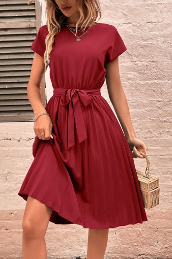 casual non stretch solid color pleated midi dress (with belt)