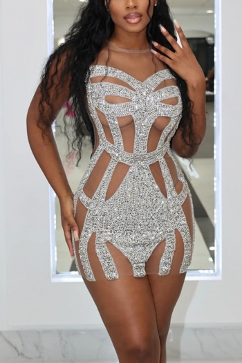 sexy plus size see through mesh stitching rhinestone decor bodycon mini dress