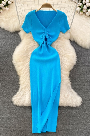 sexy 8 colors stretch knitted hollow slit solid color midi dress