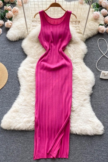 stylish solid color knitted stretch slit sleeveless slim midi dress