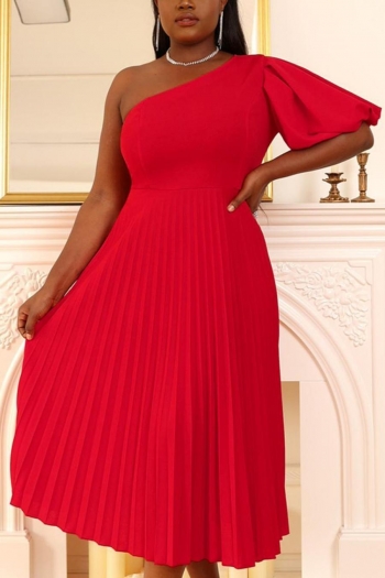 casual plus size slight stretch solid color one shoulder pleated midi dress