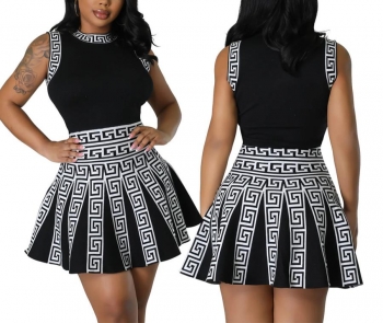 Stylish plus size slight stretch printing sleeveless waist mini dress