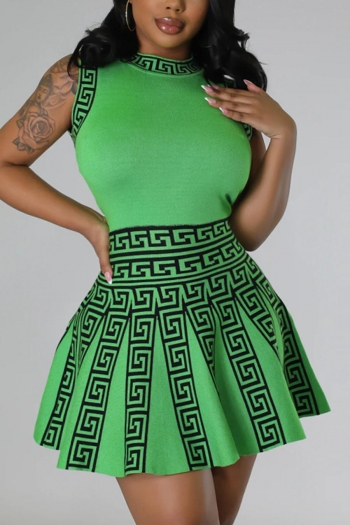Stylish plus size slight stretch printing sleeveless waist mini dress