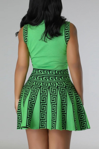 Stylish plus size slight stretch printing sleeveless waist mini dress