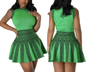 Stylish plus size slight stretch printing sleeveless waist mini dress