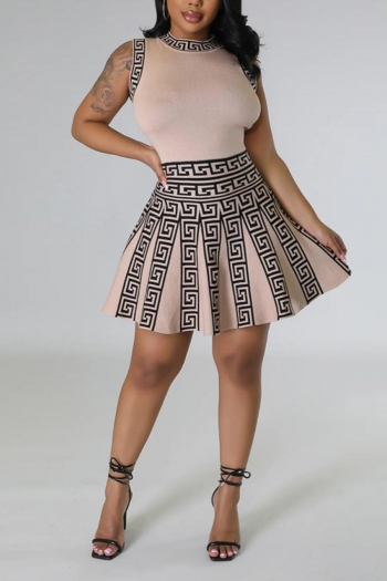 Stylish plus size slight stretch printing sleeveless waist mini dress