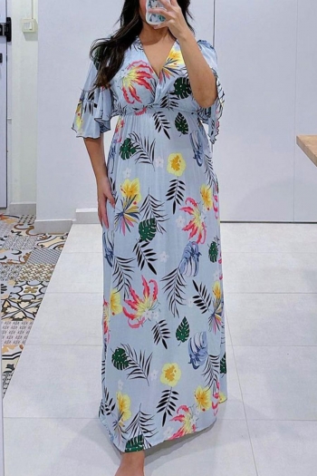 stylish slight stretch leaf & floral printing deep-v loose maxi dress