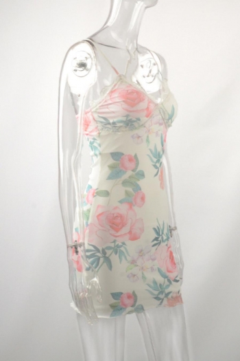 Sexy slight stretch flower batch printing lace trim mini dress