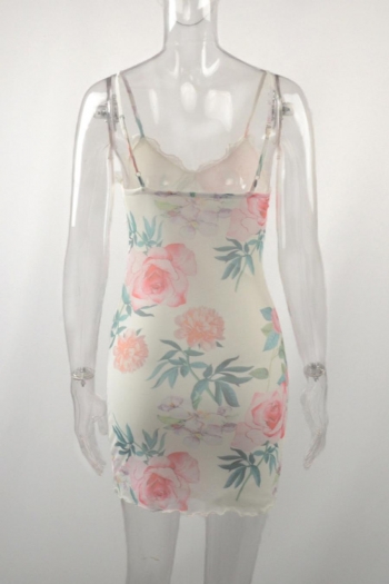 Sexy slight stretch flower batch printing lace trim mini dress