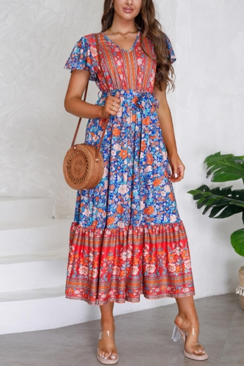 bohemian plus size slight stretch floral printing v-neck midi dress with belt
