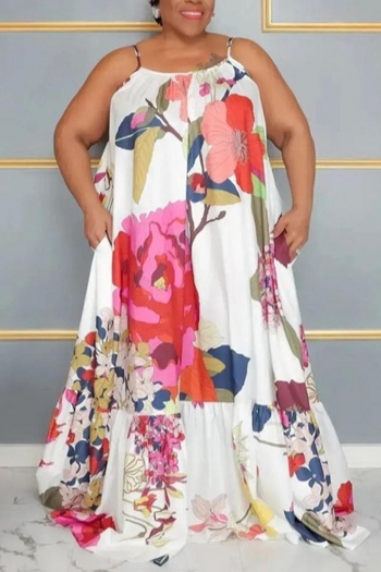 stylish plus size non-stretch sling flower printing loose maxi dress(only dress)