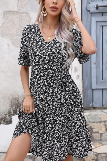 casual plus size non-stretch floral batch printing ruffle sleeve mini dress