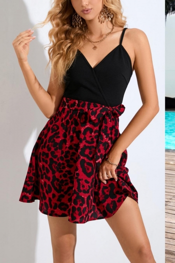casual plus size slight stretch leopard printing sling mini dress with belt