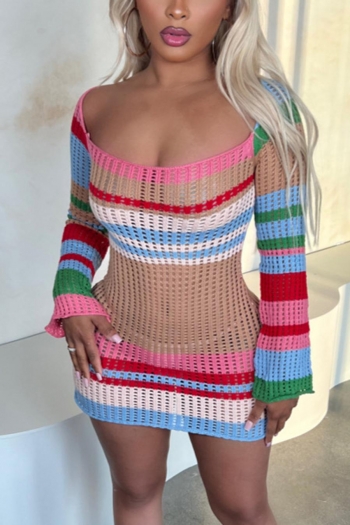 sexy slight stretch contrast color ribbed knit cutout slim mini dress