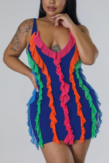 sexy plus-size sight stretch mesh multicolor ruffle slim mini dress