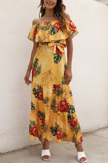 bohemian plus size non-stretch flower printing off shoulder maxi dress with belt