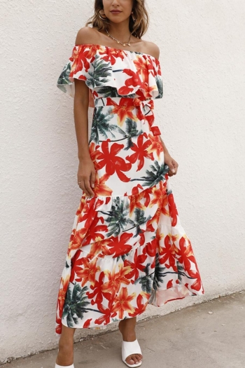 bohemian plus size non-stretch flower printing ruffle maxi dress with belt