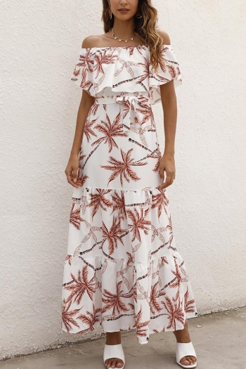 bohemian plus size non-stretch coconut tree printing ruffle maxi dress with belt