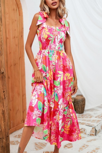 bohemian plus size slight stretch floral printing tie-shoulder midi dress