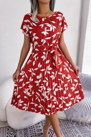 casual non-stretch leaf batch printing pleated midi dress(with belt)
