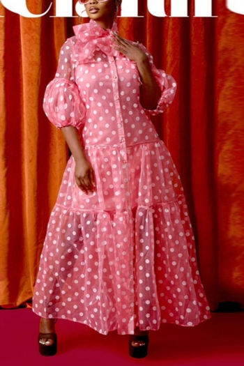 sexy plus-size slight stretch chiffon see-through polka dots shirt maxi dress