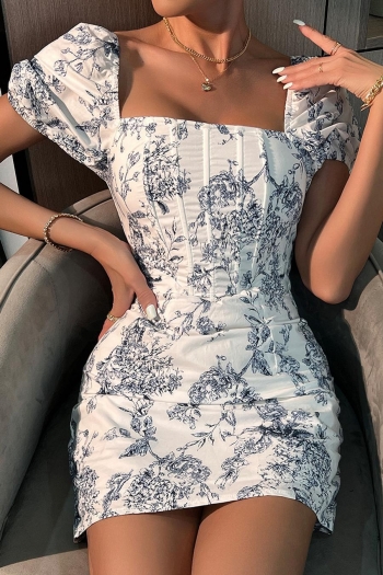sexy xs-xl slight stretch floral batch printing slim mini dress(with boned)